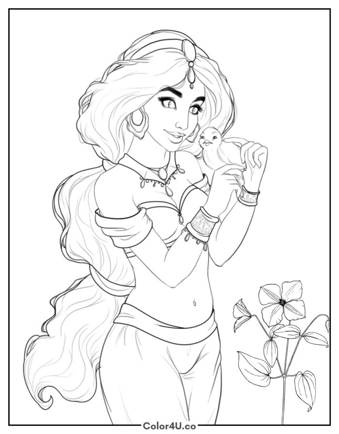 Jasmine holding a small bird with a flower, medium Disney coloring page, free printable