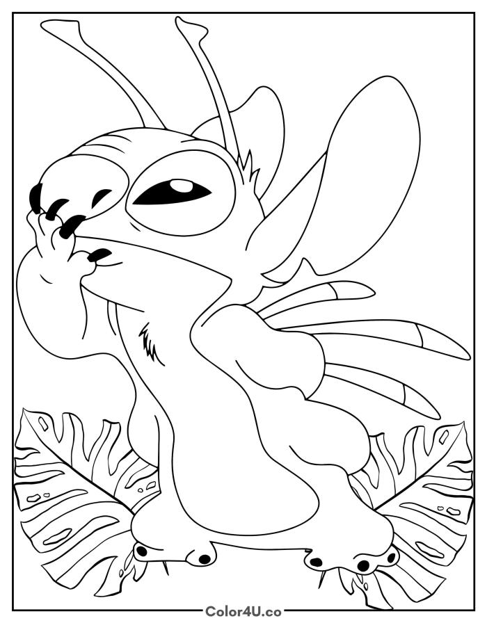 Experiment 629 from Lilo & Stitch resting among tropical leaves, medium Disney coloring page, free printable