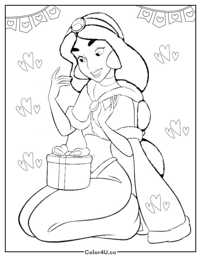 Jasmine kneeling with a gift box and floating hearts, medium Disney coloring page, free printable
