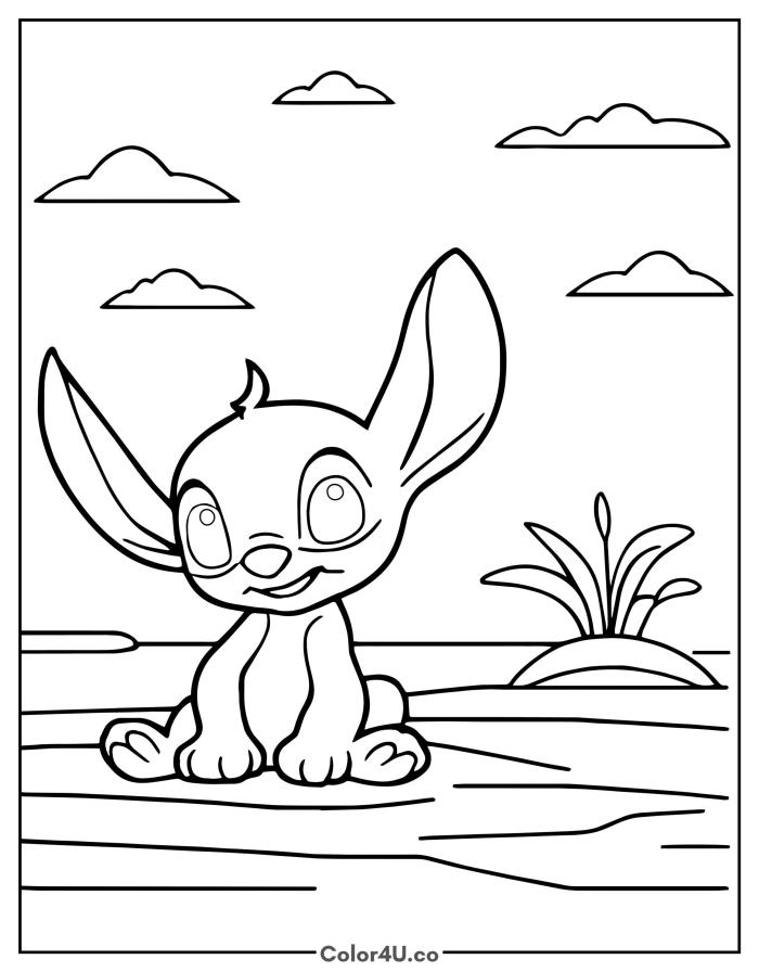 Stitch sitting on a beach with clouds and a distant island, medium Disney coloring page, free printable