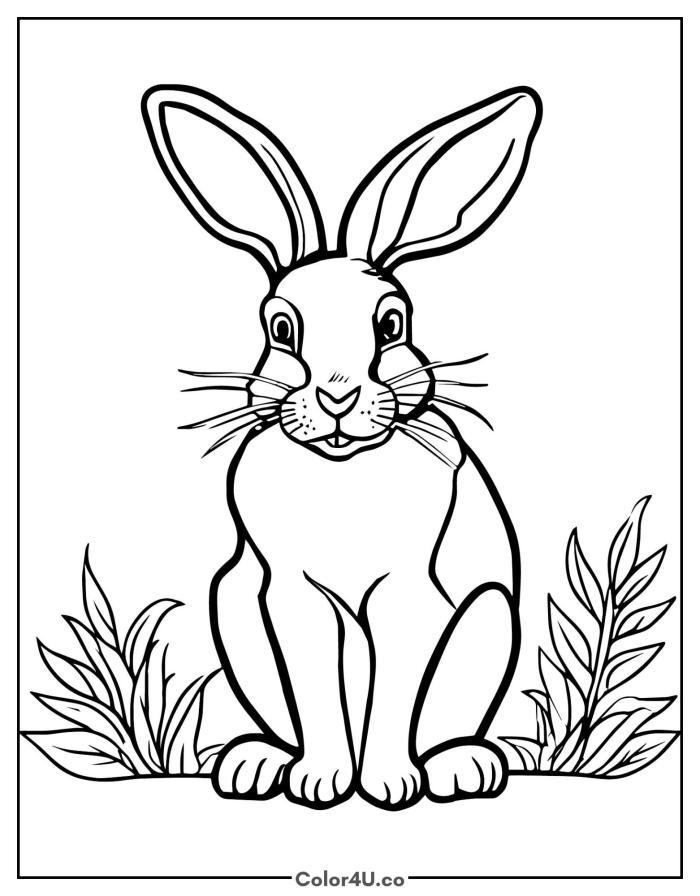 Wide-eyed rabbit sitting in the grass, medium rabbit coloring page, free printable