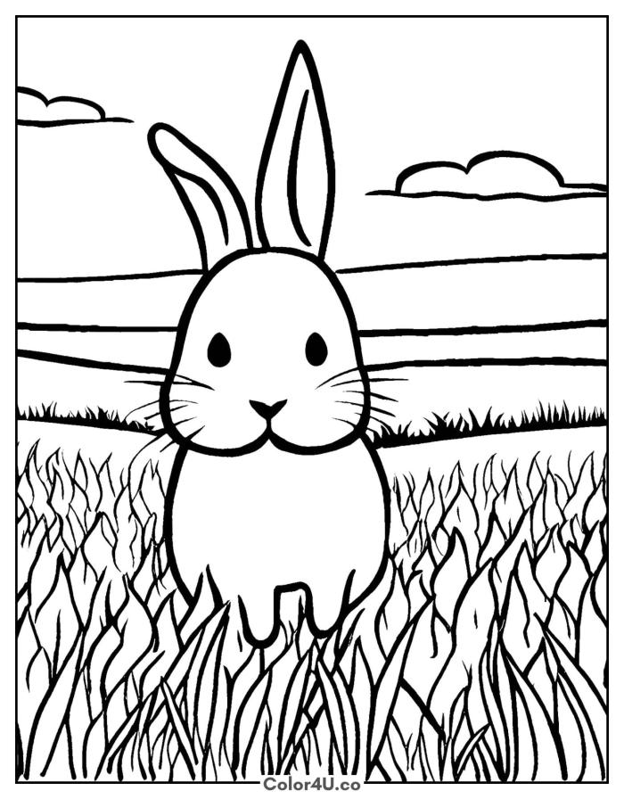 Rabbit standing in a field of tall grass, medium rabbit coloring page, free printable