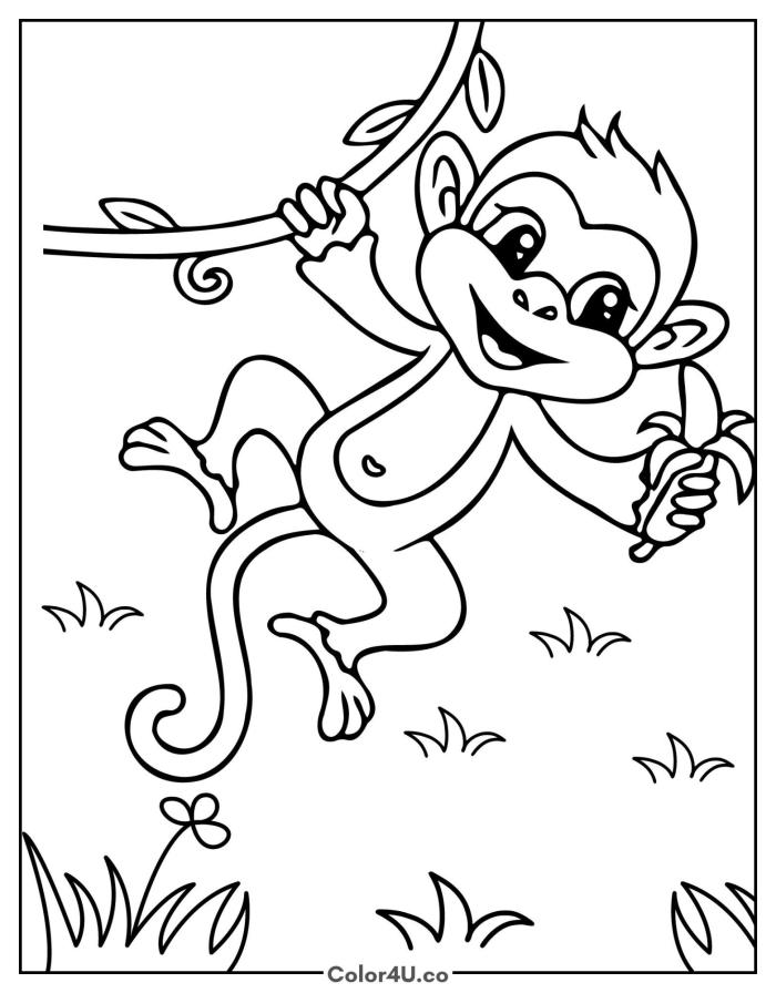 Cartoon monkey swinging on a vine with banana, easy coloring page, free printable