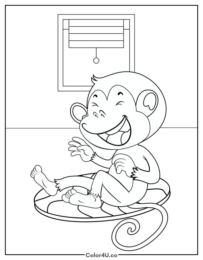 Laughing monkey sitting on a cushion indoors, easy coloring page, free printable