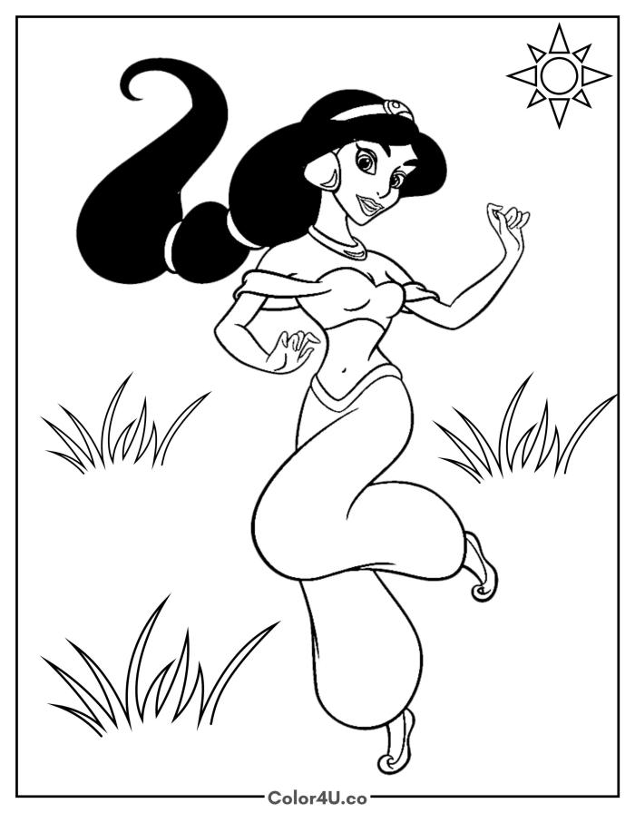 Jasmine dancing outdoors with grass and a sun, medium Disney coloring page, free printable