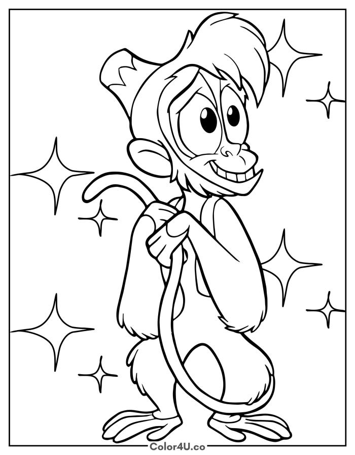 Abu the monkey holding his tail with sparkle stars, easy Disney-inspired coloring page, free printable