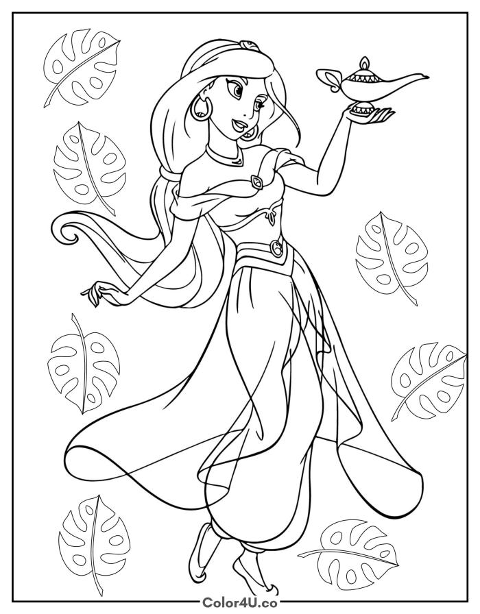 Jasmine holding up the magic lamp with tropical leaves, medium Disney coloring page, free printable