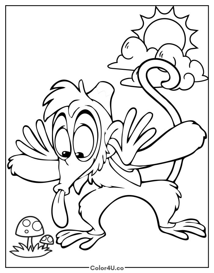 Abu the monkey sticking out his tongue outdoors, easy Disney-inspired coloring page, free printable