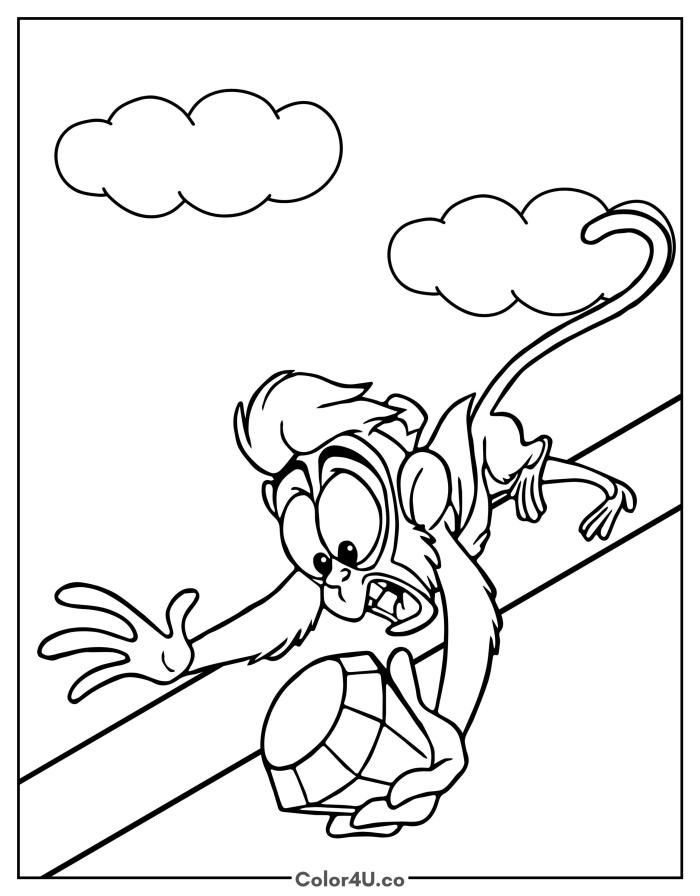 Abu the monkey running with a diamond on a rooftop, easy Disney-inspired coloring page, free printable