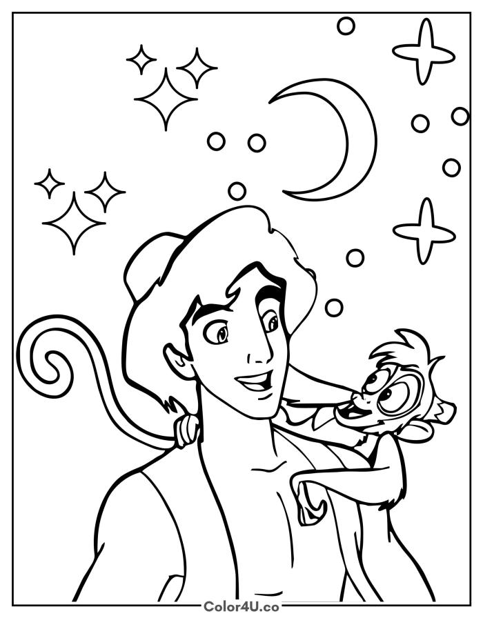 Aladdin and Abu the monkey together under the stars, easy Disney coloring page, free printable