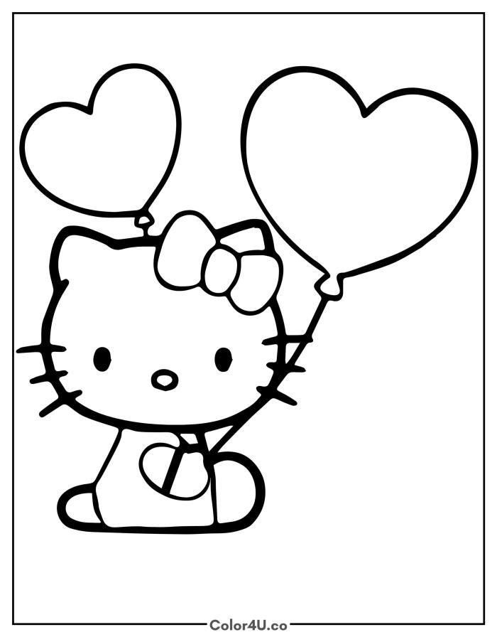 Hello Kitty holding heart balloons, easy Sanrio coloring page, free printable