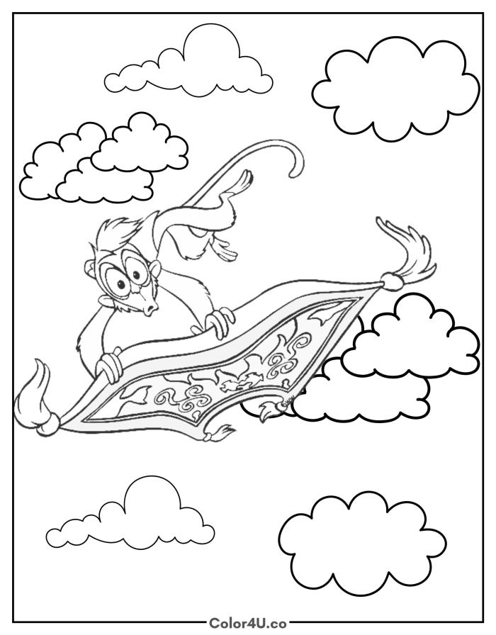 Abu riding the magic carpet through clouds, medium Disney-inspired coloring page, free printable
