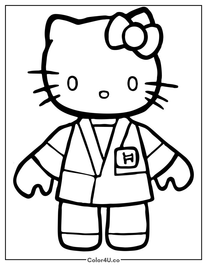Hello Kitty in a business suit with ID badge, easy Sanrio coloring page, free printable