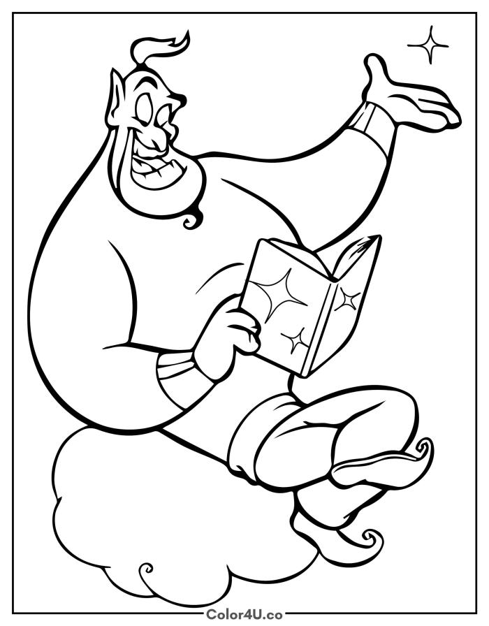 Genie sitting on a cloud reading a book, medium Disney Aladdin coloring page, free printable