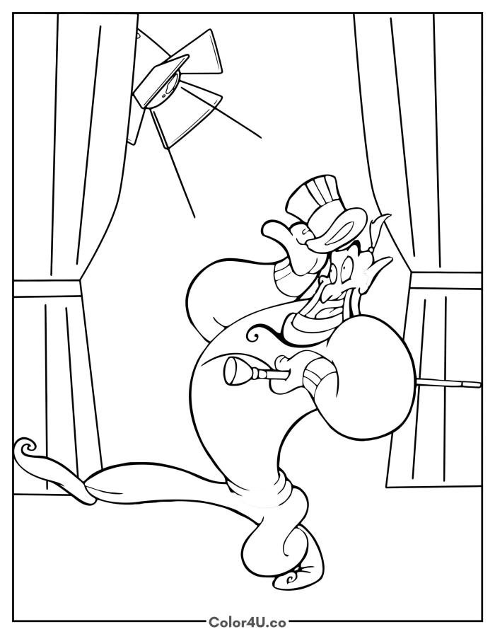 Genie performing on stage with top hat and microphone, medium Disney Aladdin coloring page, free printable