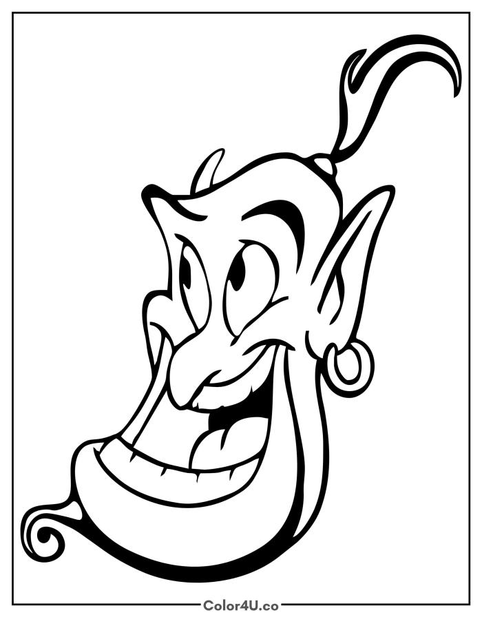 Close-up portrait of Genie grinning, easy Disney Aladdin coloring page, free printable