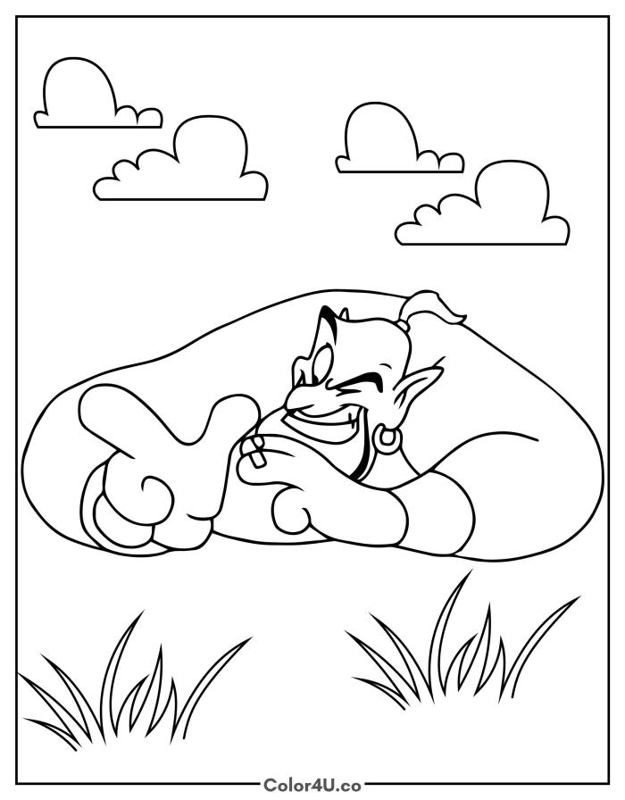 Genie lying on the grass with a sly expression, medium Disney Aladdin coloring page, free printable