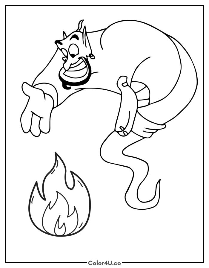 Genie creating a fireball, medium Disney Aladdin coloring page, free printable