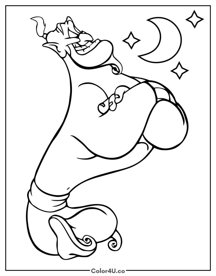 Genie sitting cross-legged under a crescent moon and stars, medium Disney Aladdin coloring page, free printable