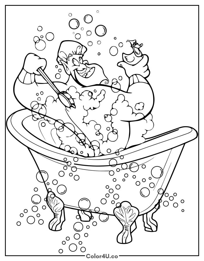 Genie taking a bubble bath in a clawfoot tub, medium Disney Aladdin coloring page, free printable