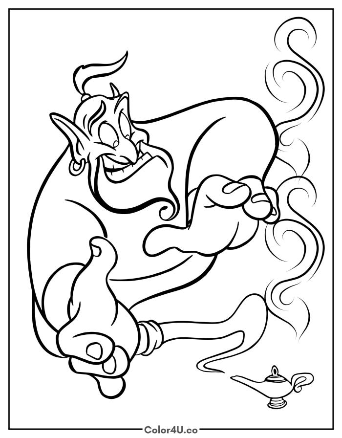 Genie emerging from the magic lamp in swirling smoke, medium Disney Aladdin coloring page, free printable
