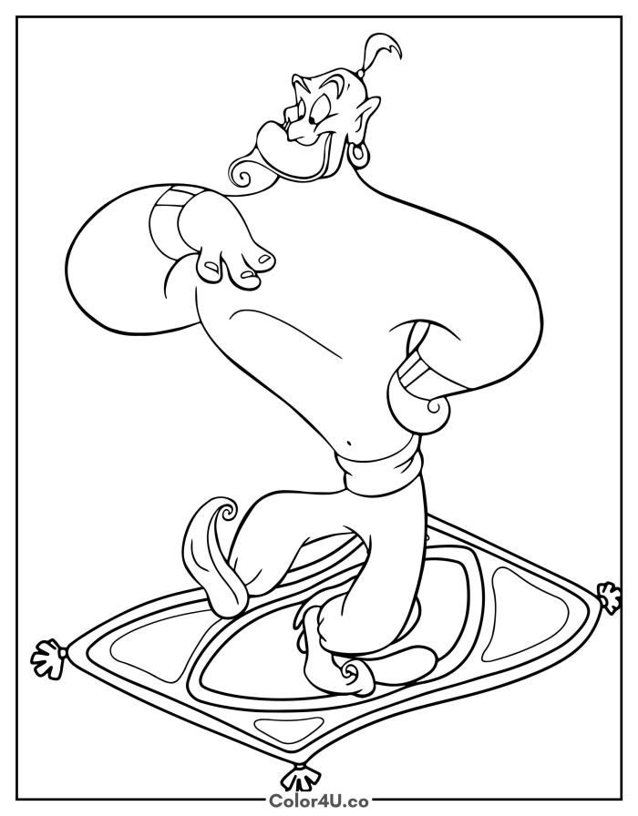 Genie dancing on a magic carpet, medium Disney Aladdin coloring page, free printable