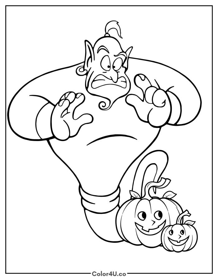 Genie scared of Halloween pumpkins, medium Disney Aladdin coloring page, free printable