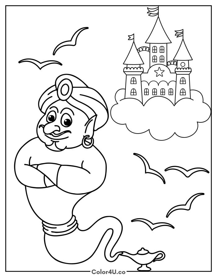 Genie with arms crossed by a castle in the clouds, medium Disney Aladdin coloring page, free printable