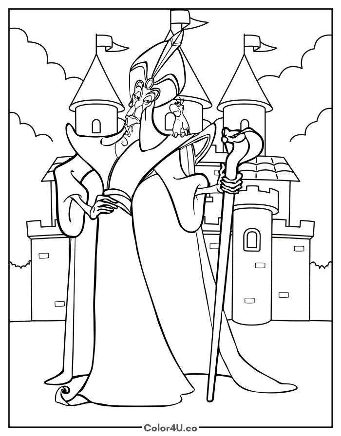 Jafar with Iago on his shoulder and snake staff, medium Disney Aladdin coloring page, free printable