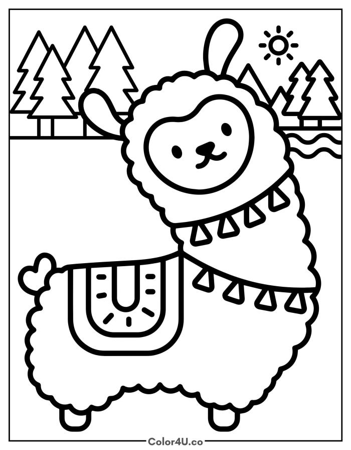 A kawaii alpaca with a tassel blanket in a pine forest, medium farm animals coloring page, free printable
