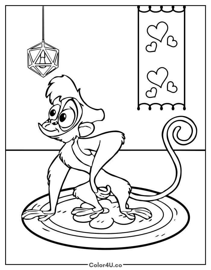Abu the monkey thinking on a round rug, medium Disney-inspired coloring page, free printable