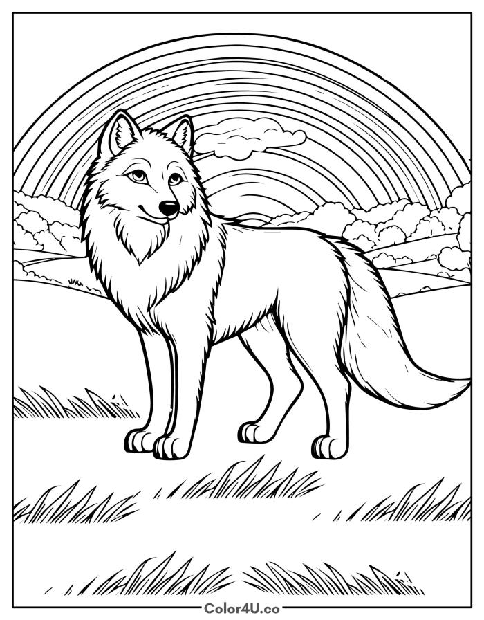 Wolf standing under a rainbow in a meadow, medium wolf coloring page, free printable