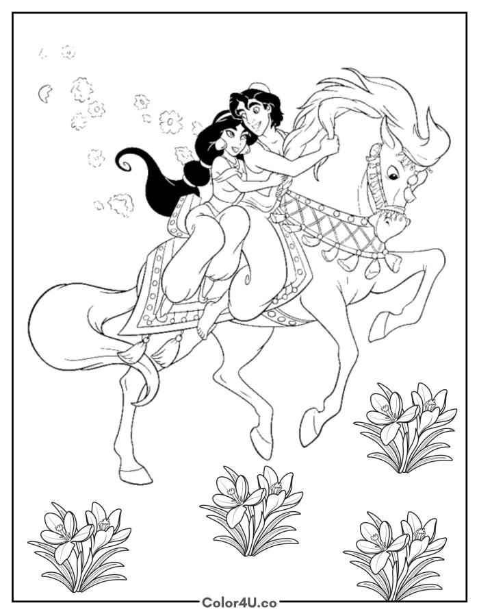 Jasmine and Aladdin riding a decorated horse, medium Disney coloring page, free printable