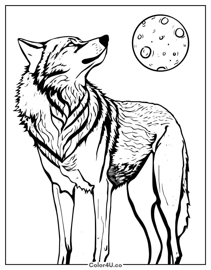 Realistic wolf looking at the moon, detailed wolf coloring page, free printable