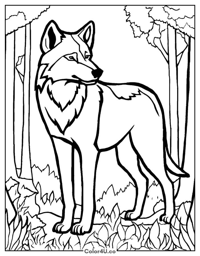 Wolf standing in a forest with trees and foliage, medium wolf coloring page, free printable
