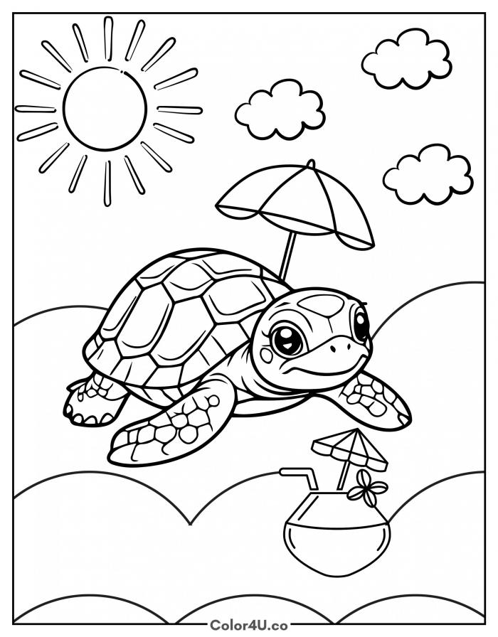 Turtle sunbathing with beach umbrella and coconut drink, medium turtle coloring page, free printable