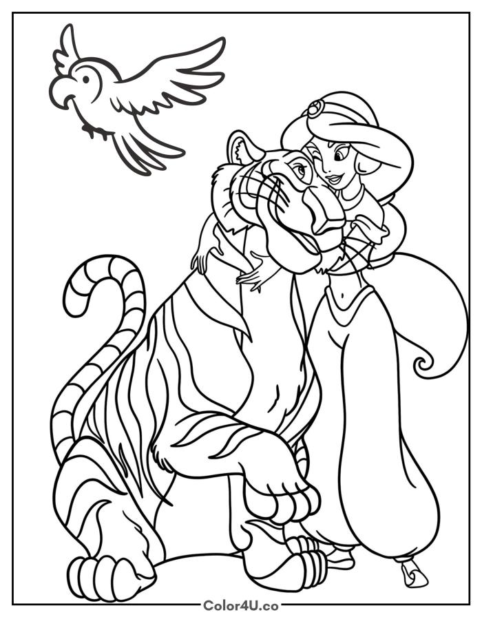 Jasmine with Rajah the tiger and Iago the parrot, medium Disney coloring page, free printable