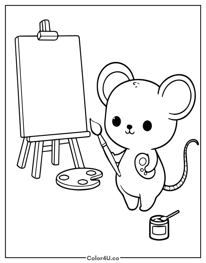 Mouse painting at an easel, medium Mouse coloring page, free printable