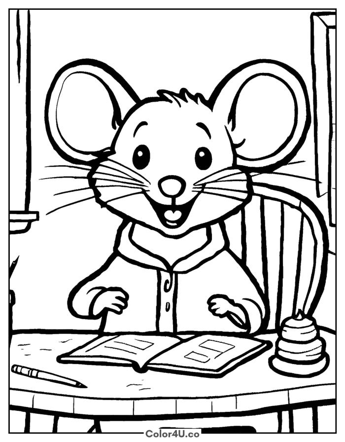 Mouse reading a book at a table, medium Mouse coloring page, free printable
