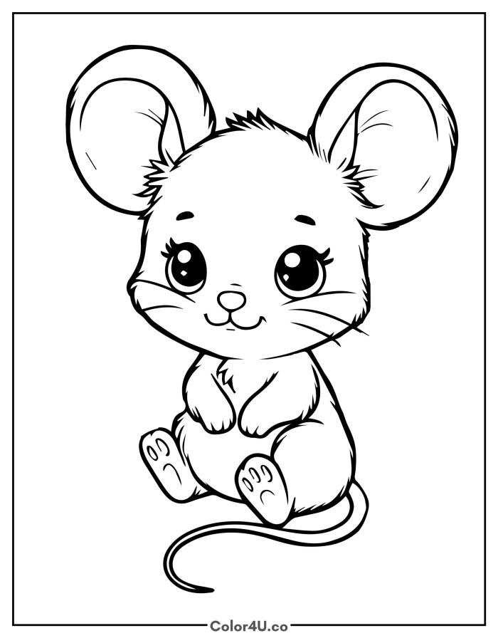 Cute mouse sitting with big eyes and fur detail, easy Mouse coloring page, free printable