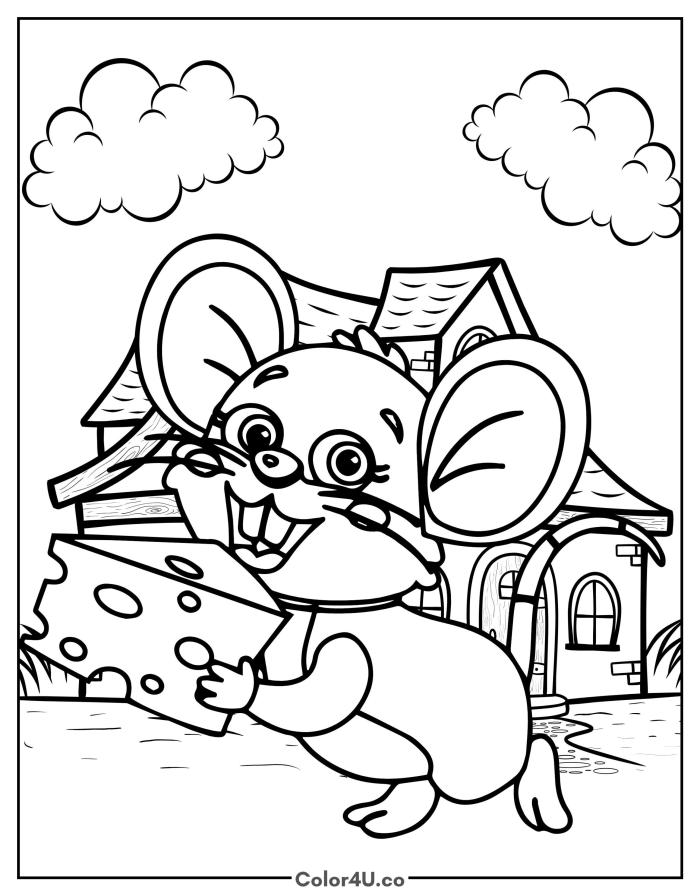 Mouse running with cheese in front of a house, medium Mouse coloring page, free printable