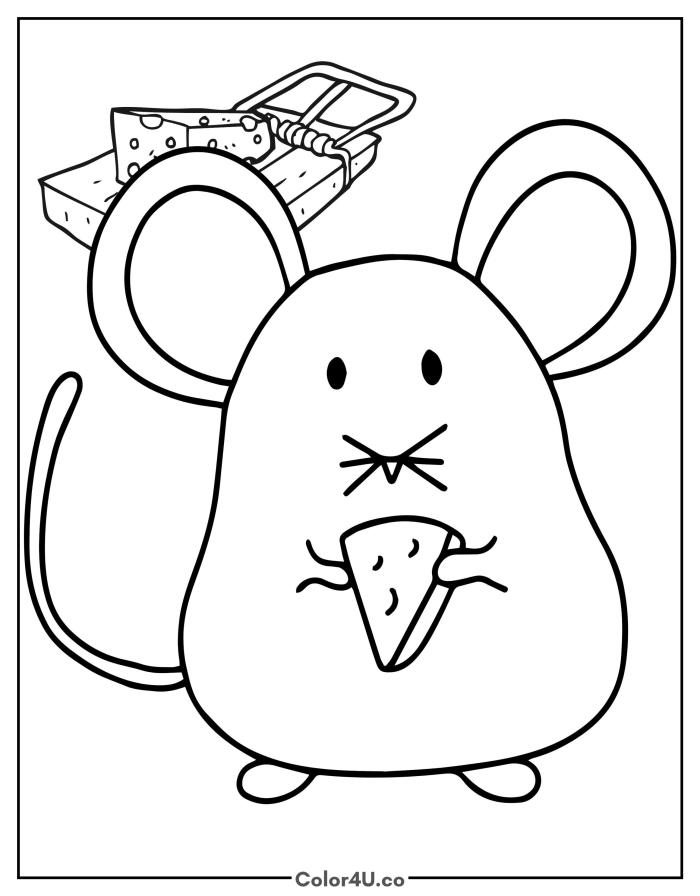 Round mouse eating cheese with a mousetrap behind, easy Mouse coloring page, free printable