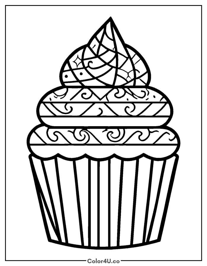Cupcake with zentangle patterns and scrollwork bands, detailed coloring page, free printable