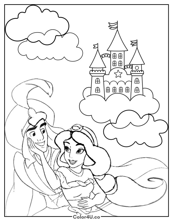 Aladdin and Jasmine with a castle on clouds, medium Disney coloring page, free printable