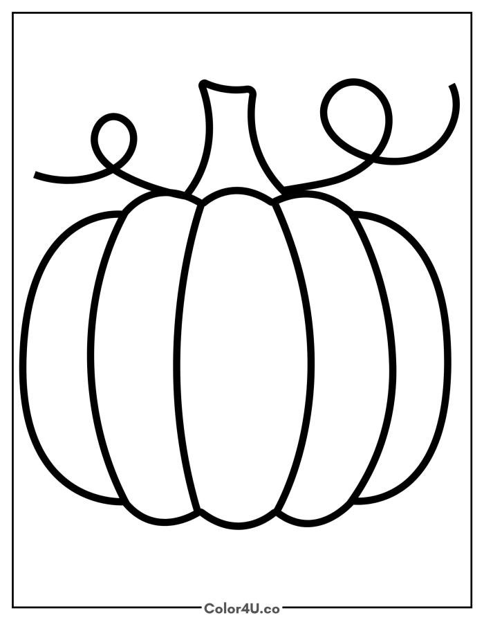 Simple round pumpkin with curly tendrils, easy pumpkin coloring page, free printable