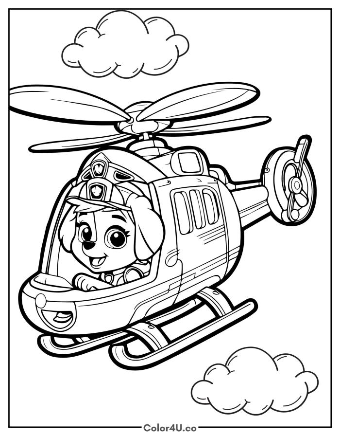 Skye flying in her helicopter, medium Paw Patrol coloring page, free printable