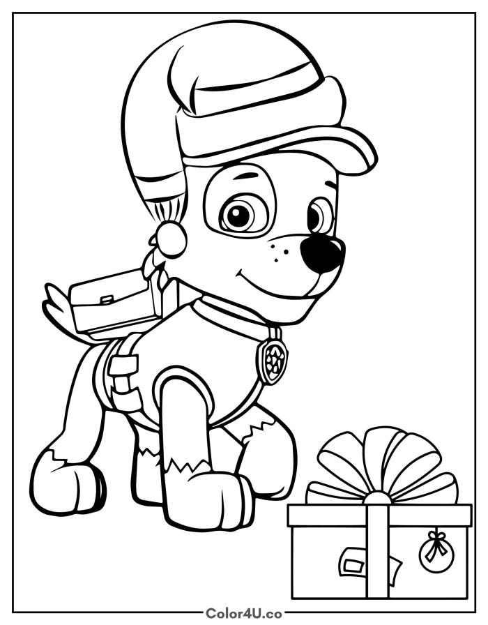 Rocky with a Christmas gift in a holiday hat, easy Paw Patrol coloring page, free printable