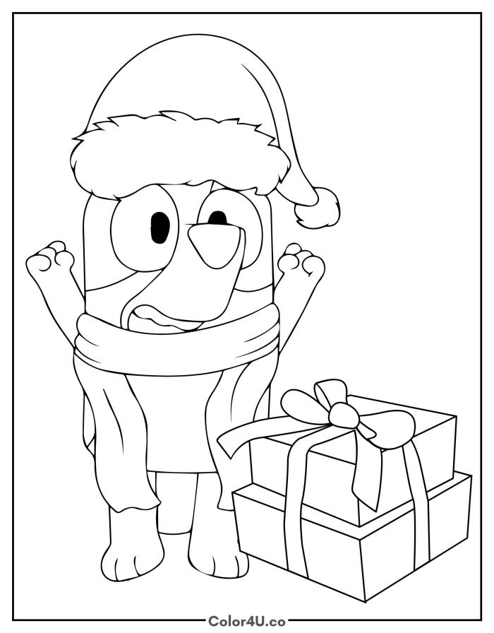 Bluey in a Santa hat excited about Christmas presents, easy Bluey coloring page, free printable