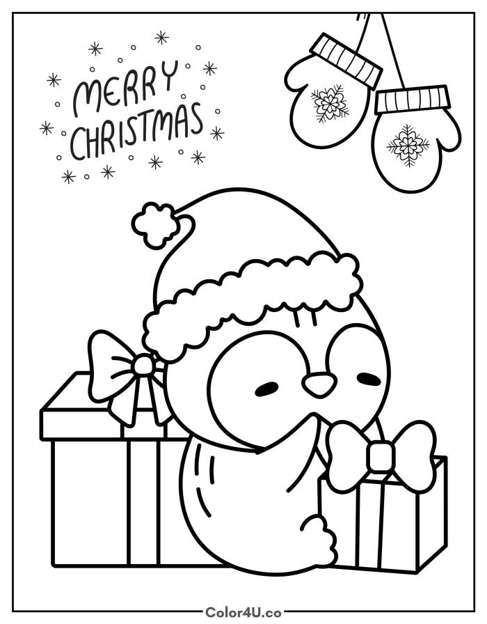 Cute owl in Santa hat with Christmas gifts and mittens, medium owl coloring page, free printable
