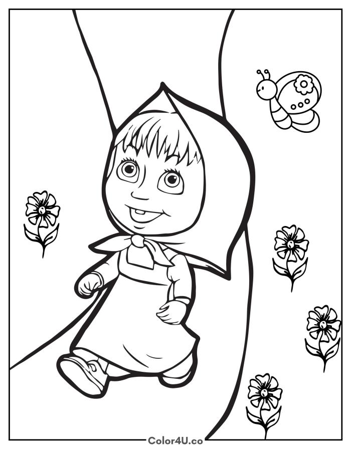 Masha walking on a path with flowers, medium Masha and the Bear coloring page, free printable